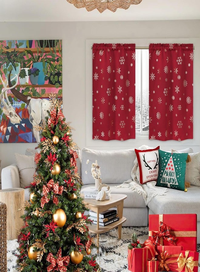 FRAMICS Snowflake Foil Print Tier Curtains - 36 Inch Length, Rod Pocket Red Christmas Curtains for Kitchen, 26" W x 36" L, 2 Panels - Image 3